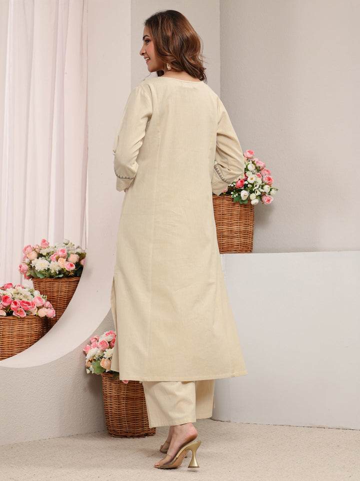 Off White Floral Embroidered Cotton Straight Kurta Set