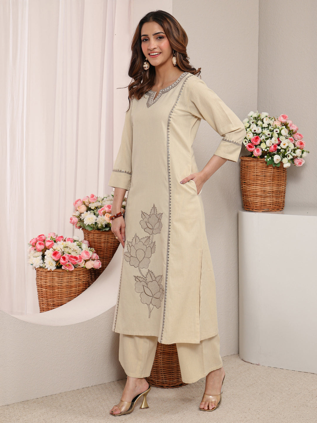 Off White Floral Embroidered Cotton Straight Kurta Set