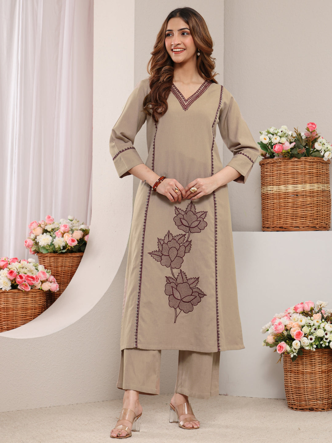 Beige Floral Embroidered Cotton Straight Kurta Set