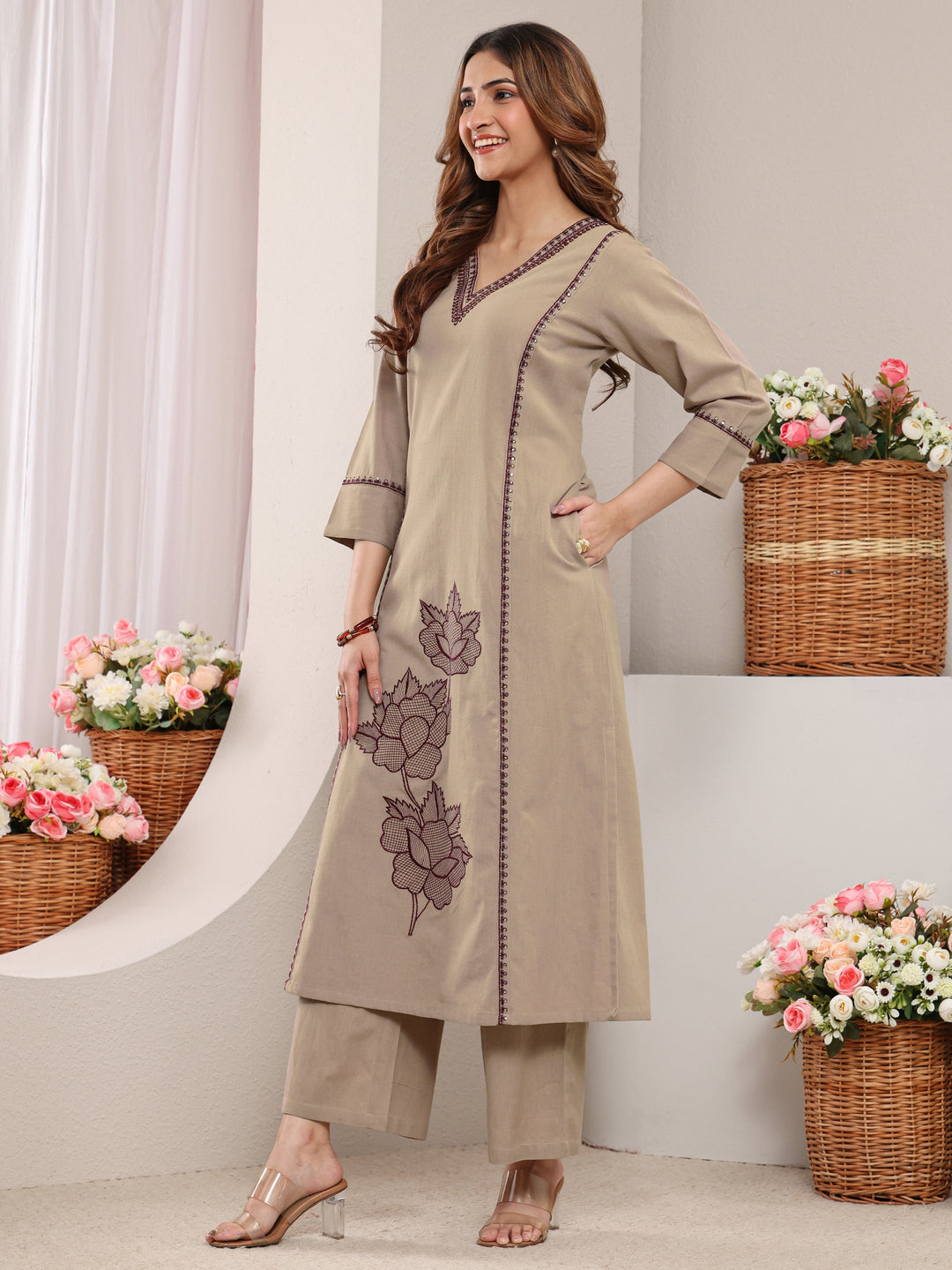 Beige Floral Embroidered Cotton Straight Kurta Set