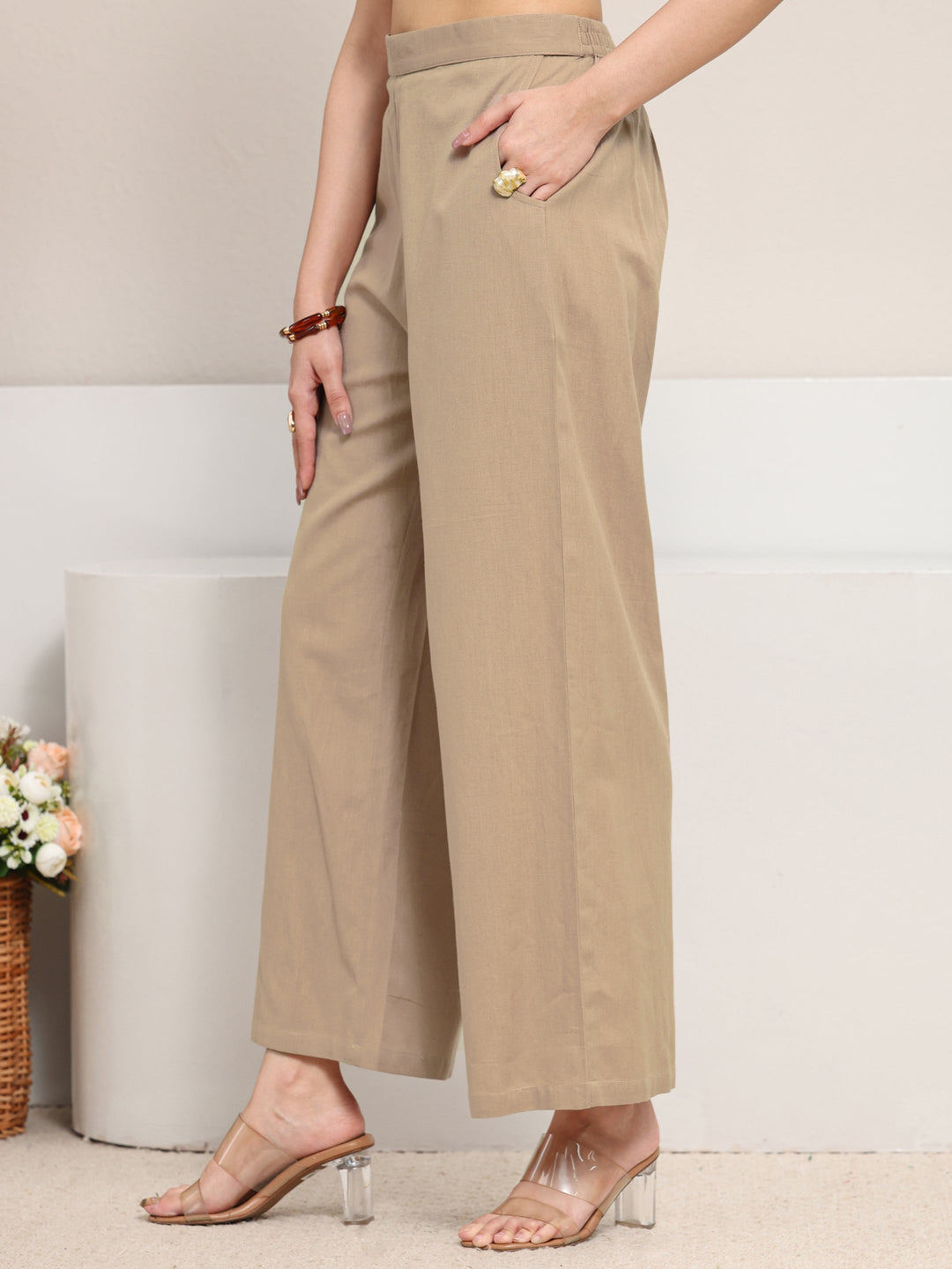 Beige Floral Embroidered Cotton Straight Kurta Set