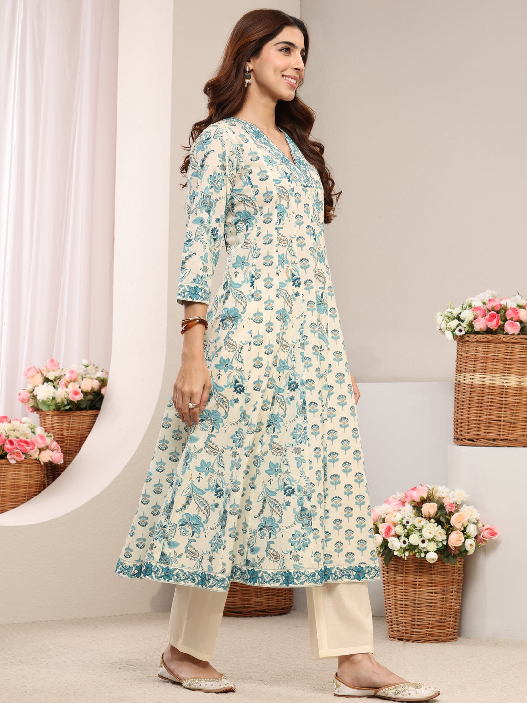 Blue Floral Printed Cotton A-Line Suit Set With Dupatta