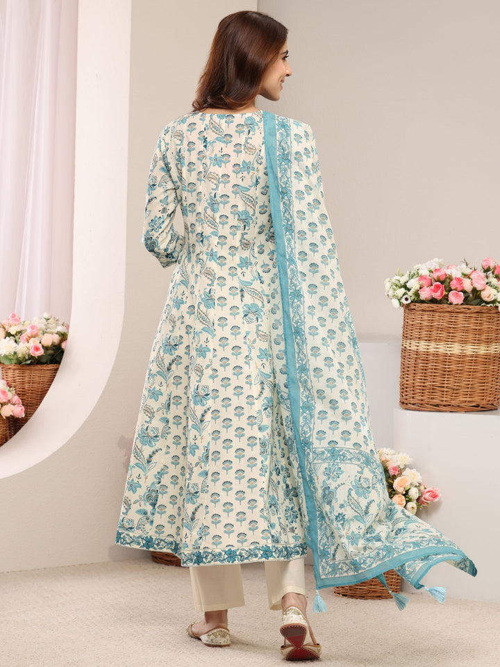 Blue Floral Printed Cotton A-Line Suit Set With Dupatta