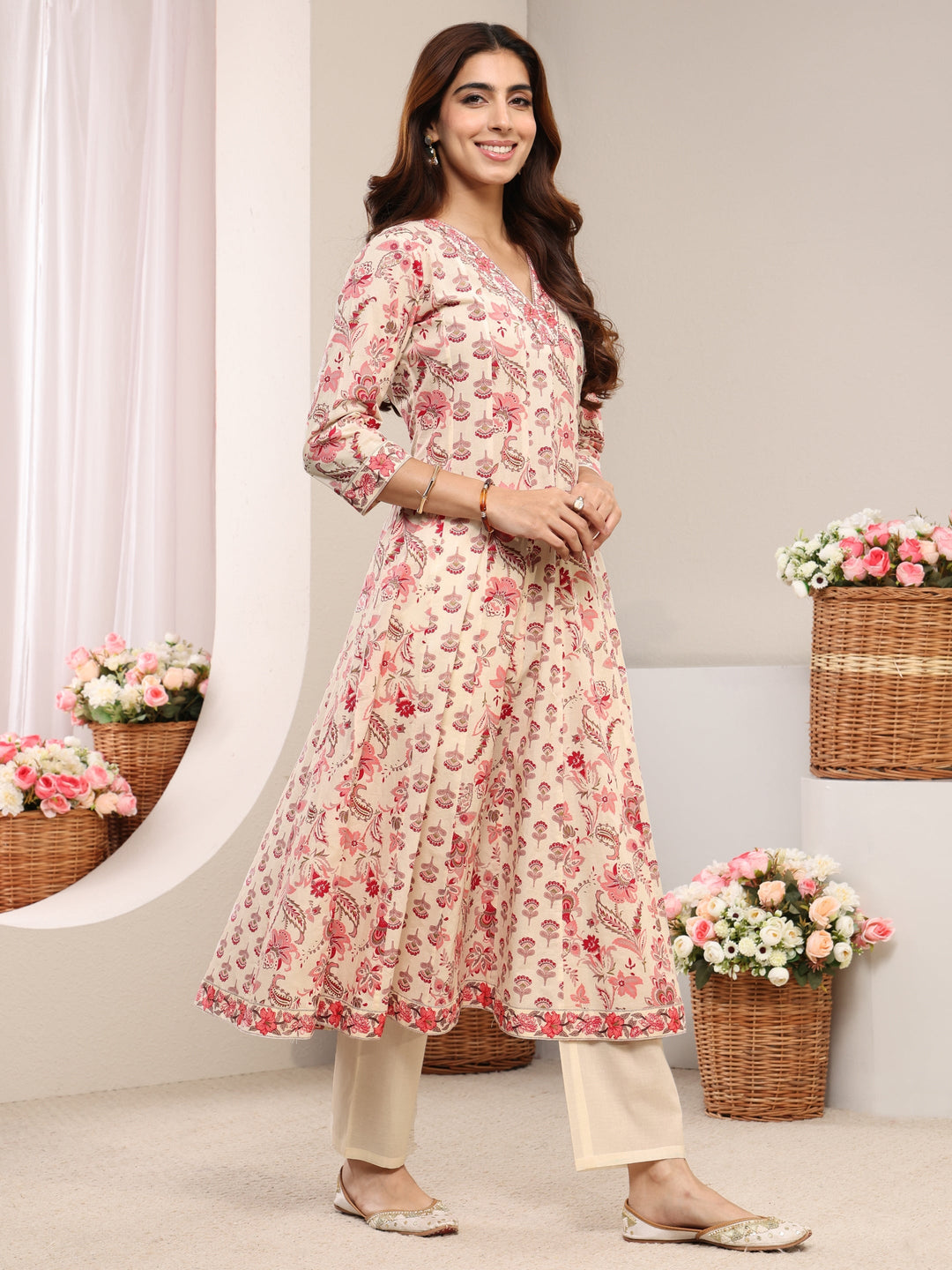 Peach Floral Printed Cotton A-Line Suit Set With Dupatta