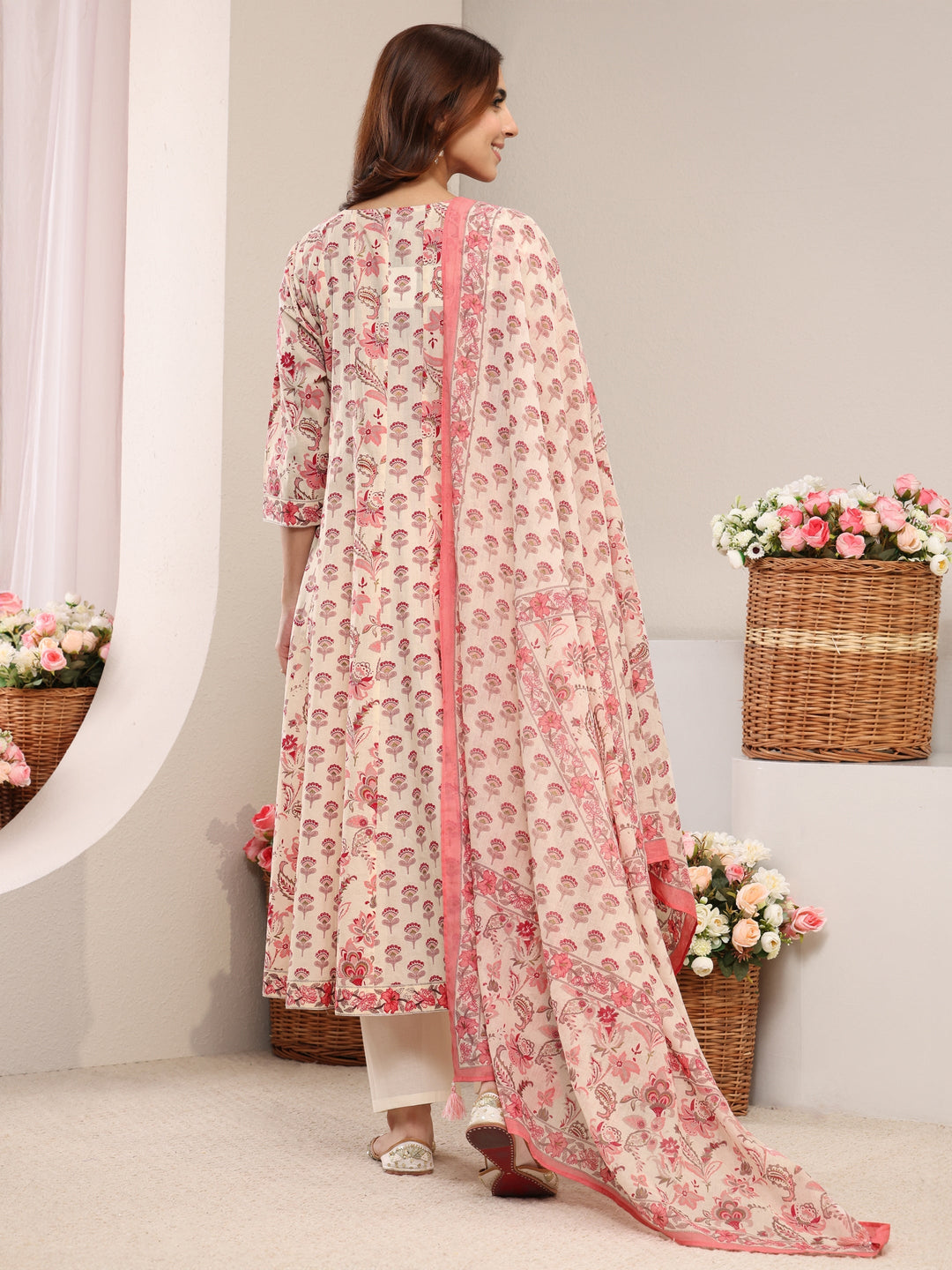 Peach Floral Printed Cotton A-Line Suit Set With Dupatta
