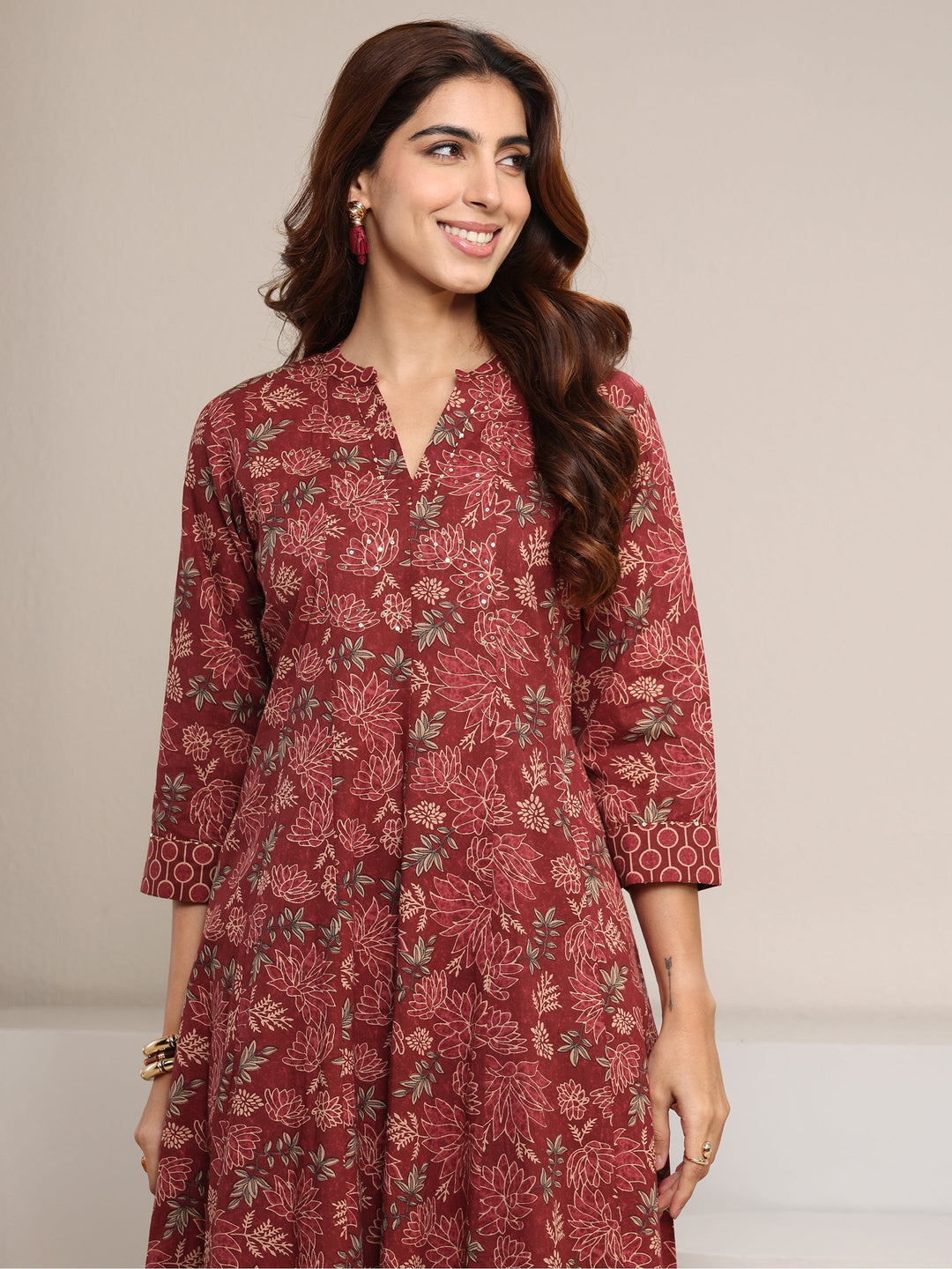 Rust Floral Printed Cotton A-Line Suit Set With Dupatta