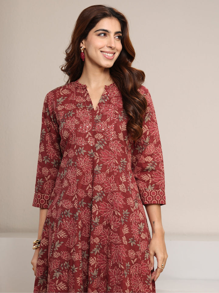 Rust Floral Printed Cotton A-Line Suit Set With Dupatta