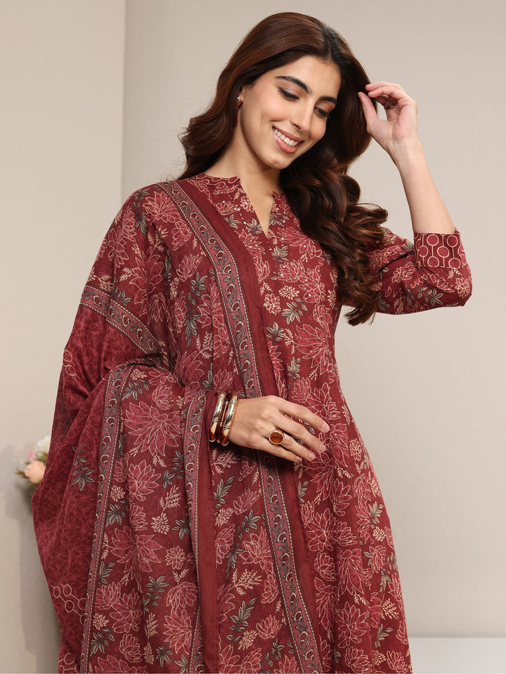 Rust Floral Printed Cotton A-Line Suit Set With Dupatta