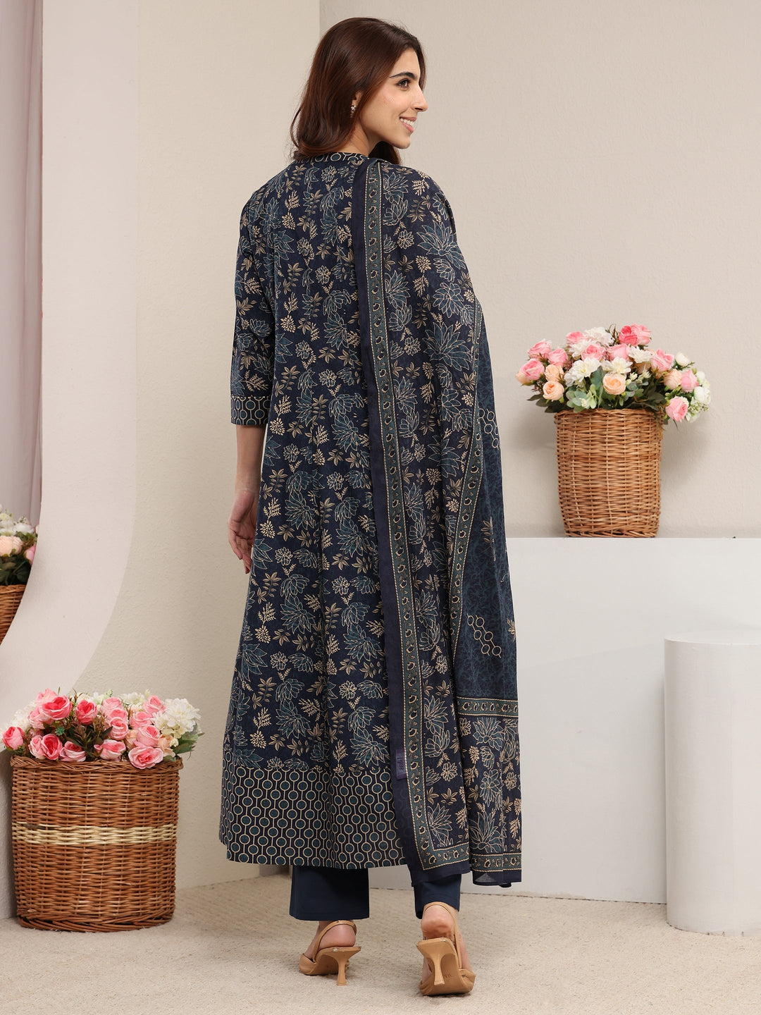 Blue Floral Printed Cotton A-Line Suit Set With Dupatta
