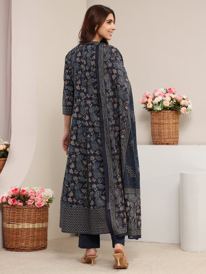 Blue Floral Printed Cotton A-Line Suit Set With Dupatta