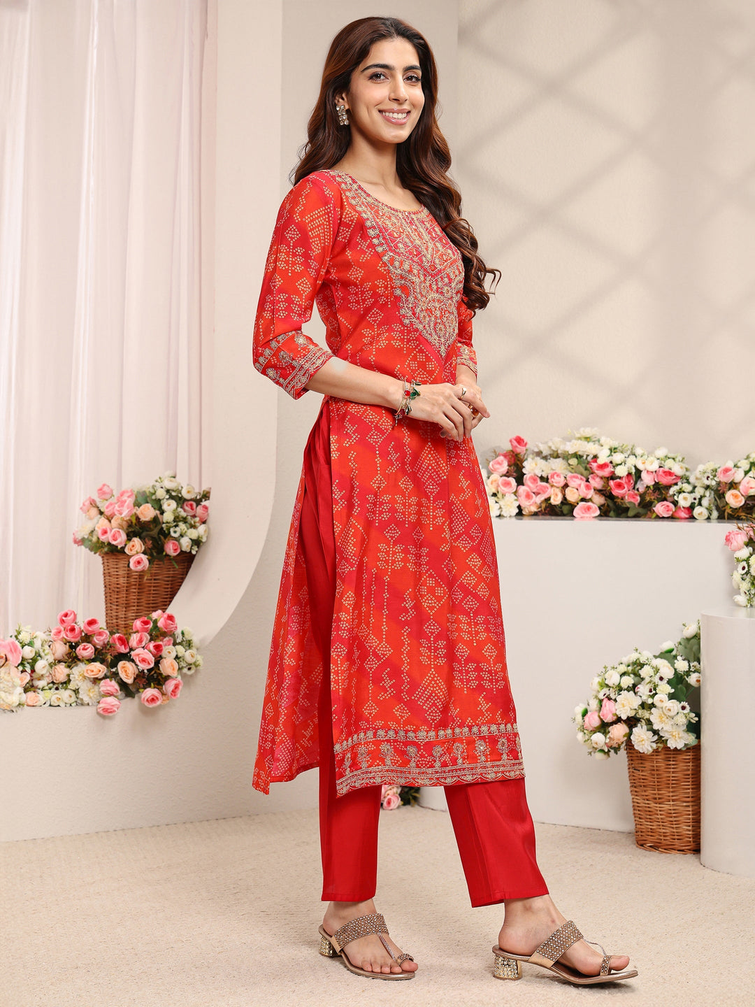 Orange Bandhani Printed Silk Blend Straight Suit Set With Dupatta