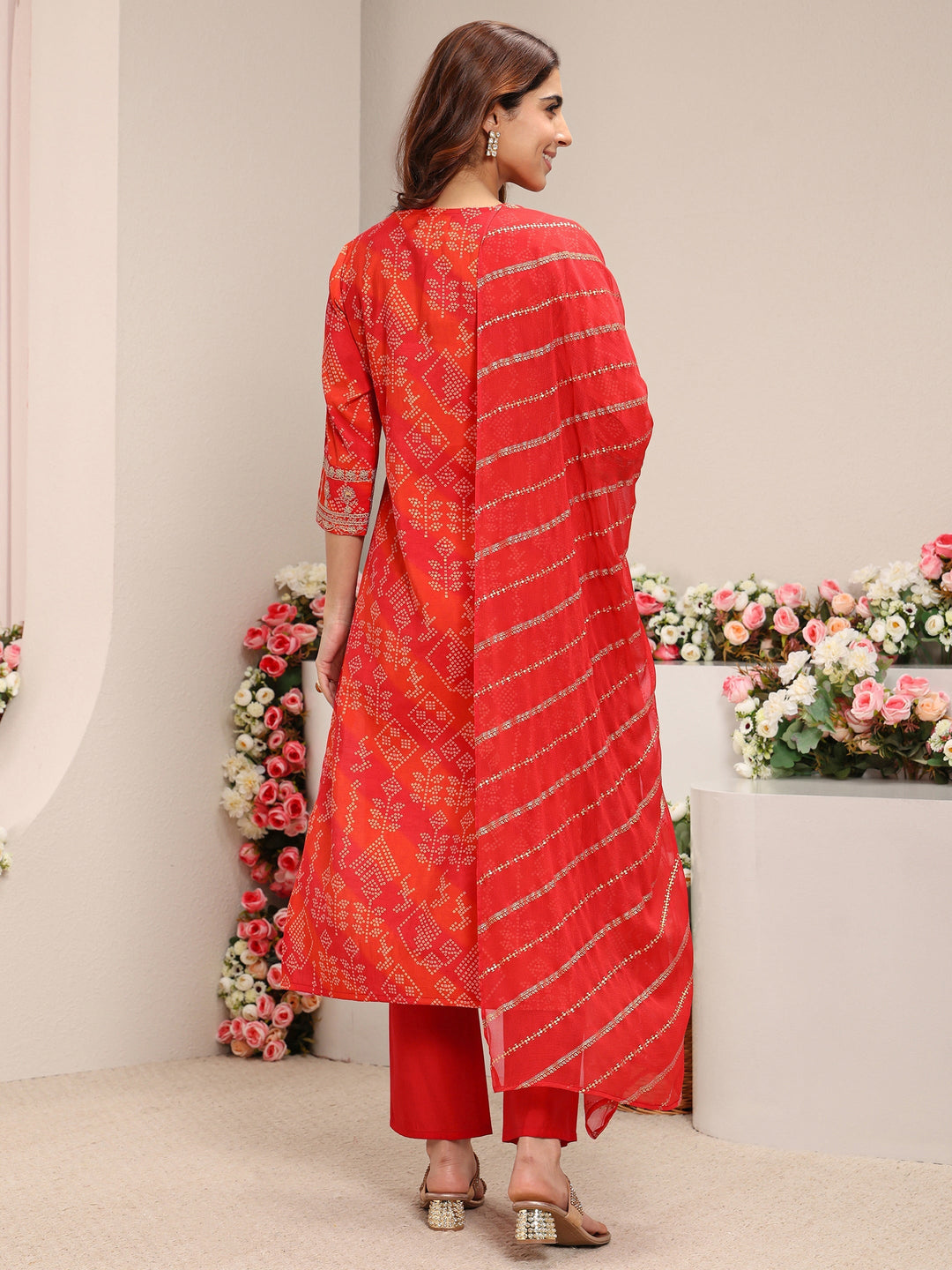 Orange Bandhani Printed Silk Blend Straight Suit Set With Dupatta