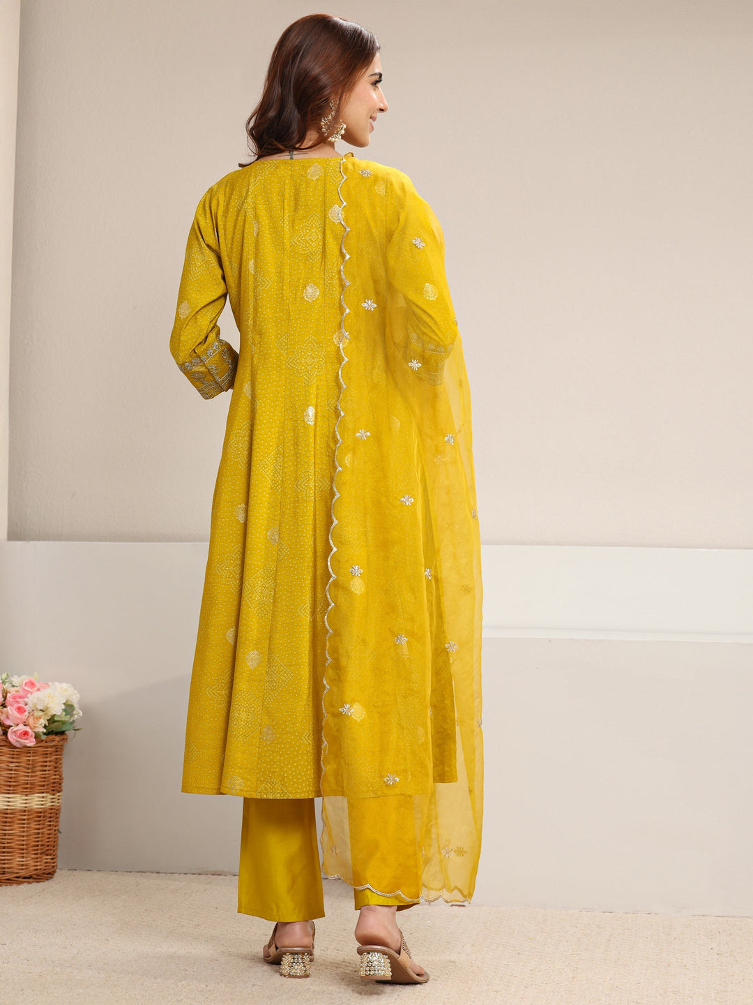 Yellow Bandhani Printed Silk Blend A-Line Suit Set With Dupatta