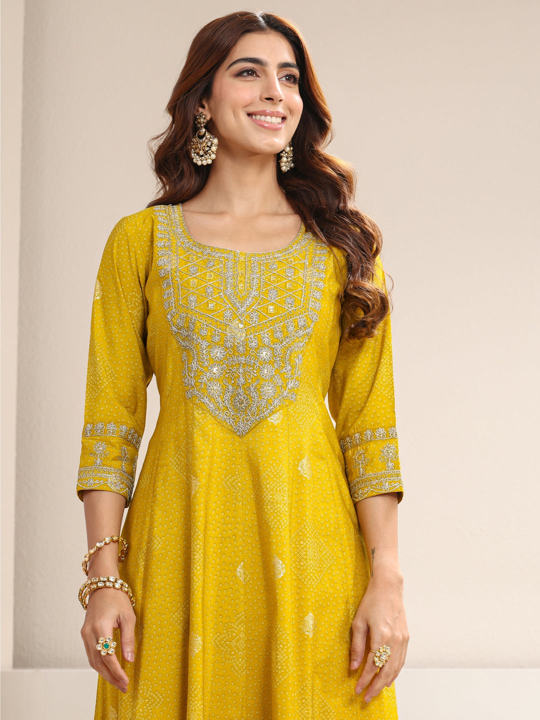 Yellow Bandhani Printed Silk Blend A-Line Suit Set With Dupatta