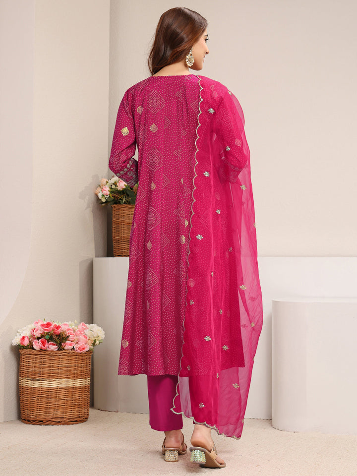 Pink Bandhani Printed Silk Blend A-Line Suit Set With Dupatta