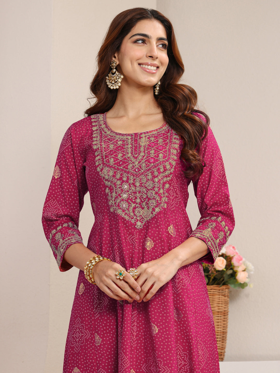 Pink Bandhani Printed Silk Blend A-Line Suit Set With Dupatta
