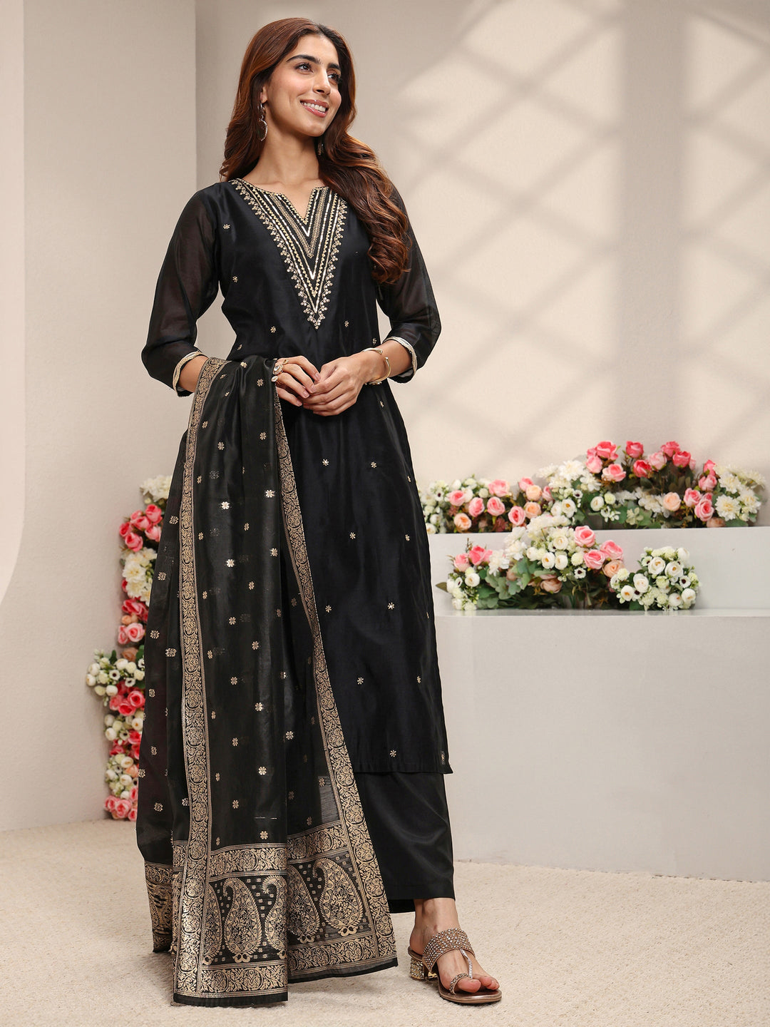 Black Embroidered Silk Blend Straight Suit Set With Dupatta