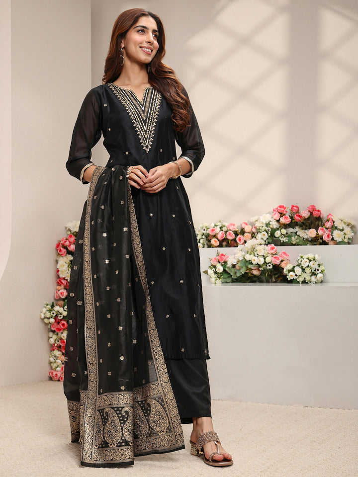 Black Embroidered Silk Blend Straight Suit Set With Dupatta