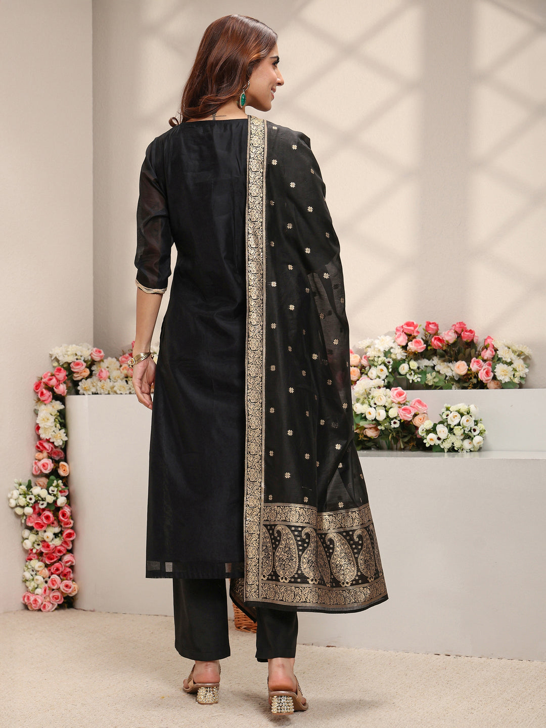 Black Embroidered Silk Blend Straight Suit Set With Dupatta
