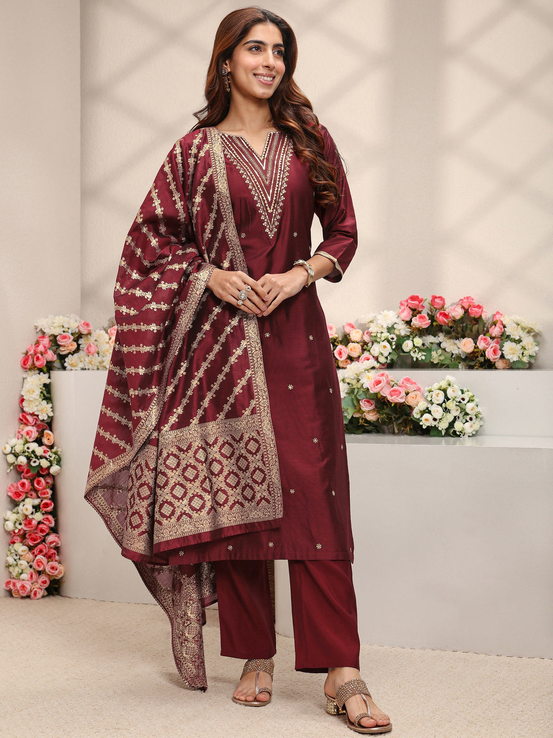 Maroon Embroidered Silk Blend Straight Suit Set With Dupatta