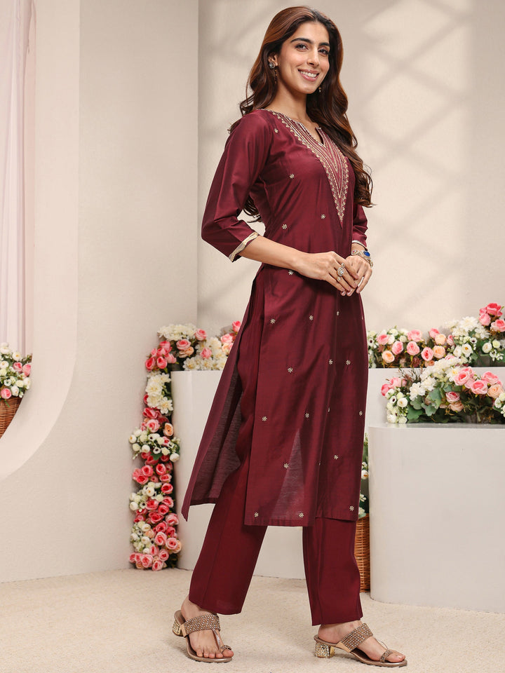 Maroon Embroidered Silk Blend Straight Suit Set With Dupatta