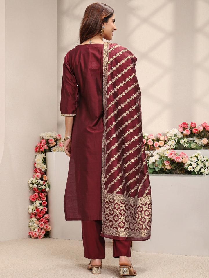 Maroon Embroidered Silk Blend Straight Suit Set With Dupatta