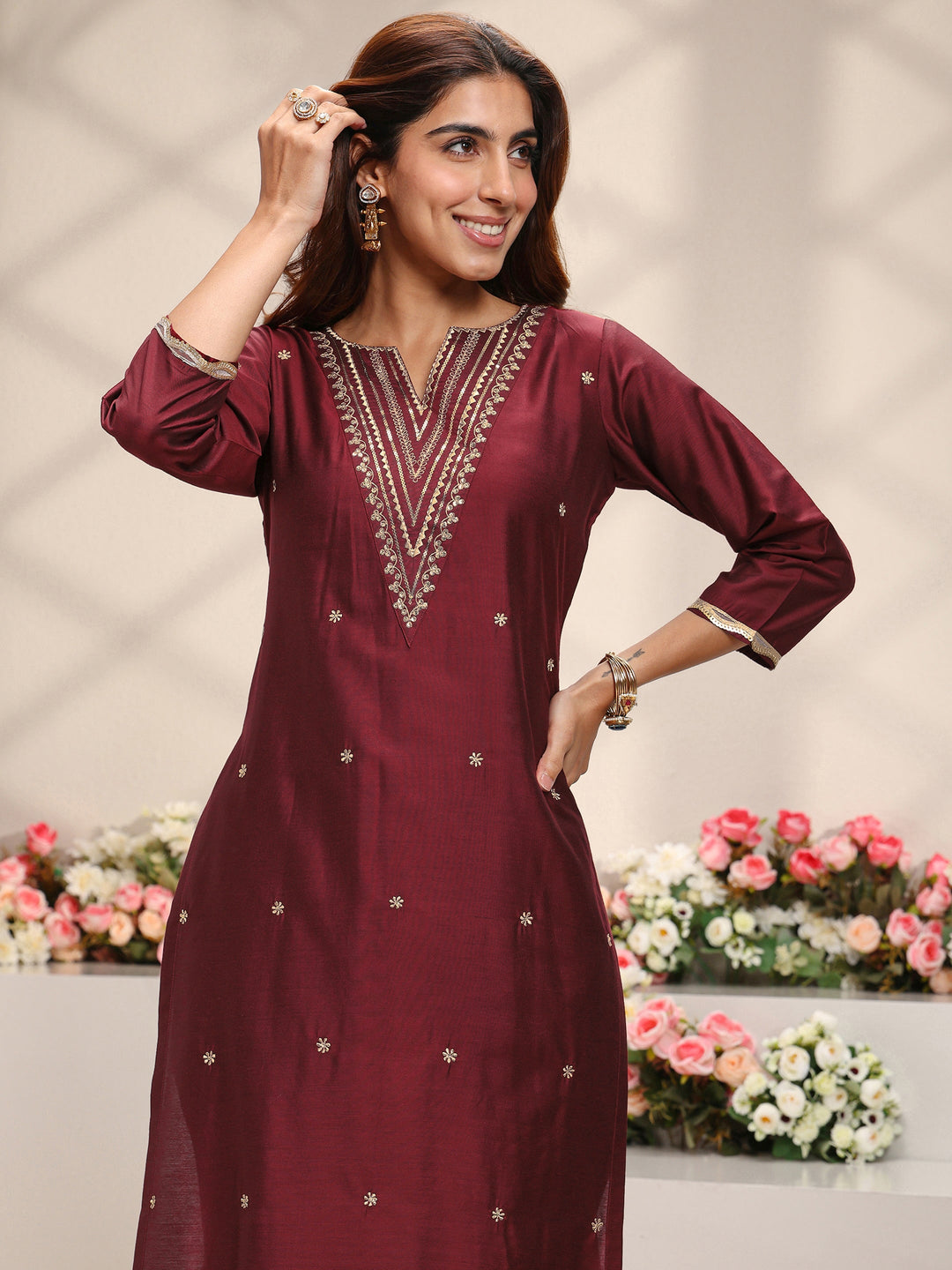 Maroon Embroidered Silk Blend Straight Suit Set With Dupatta