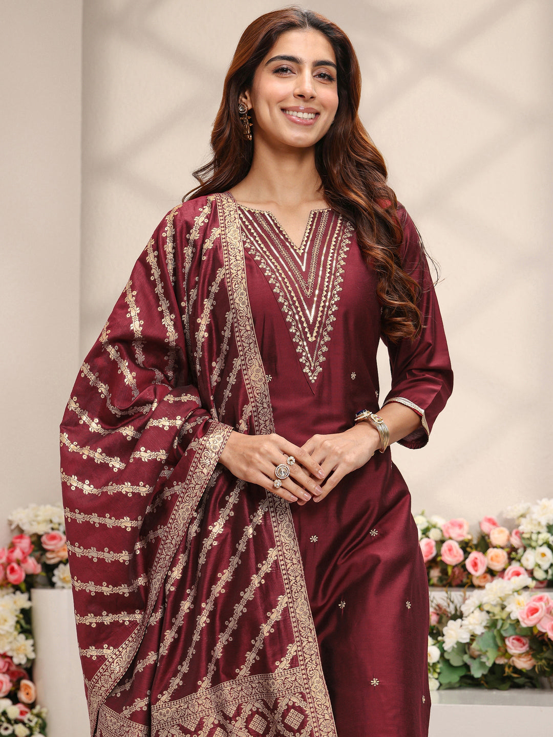 Maroon Embroidered Silk Blend Straight Suit Set With Dupatta