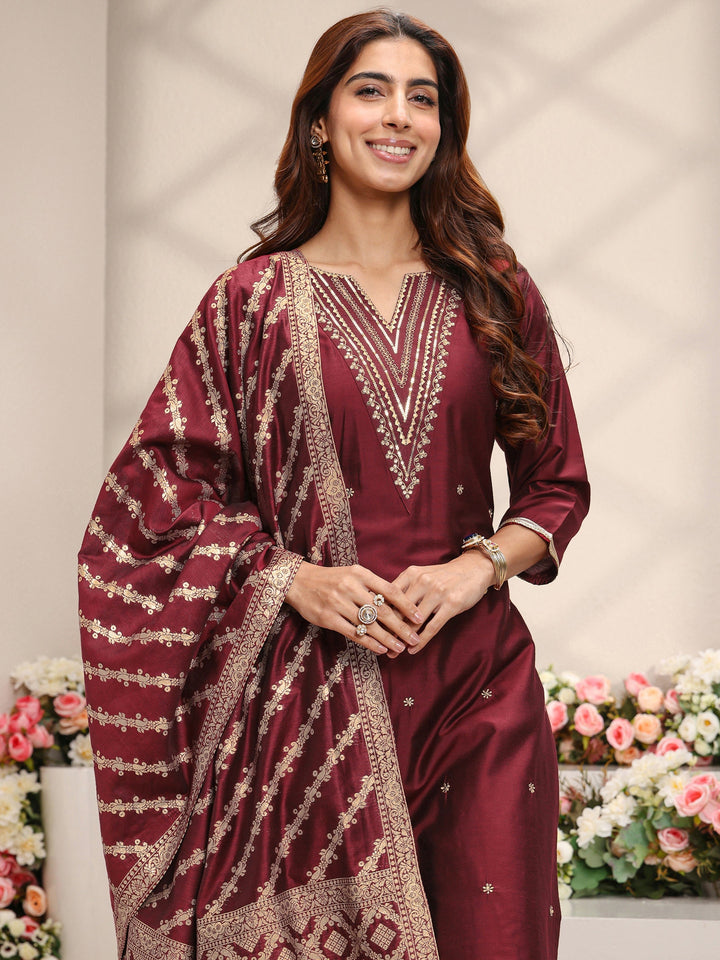 Maroon Embroidered Silk Blend Straight Suit Set With Dupatta