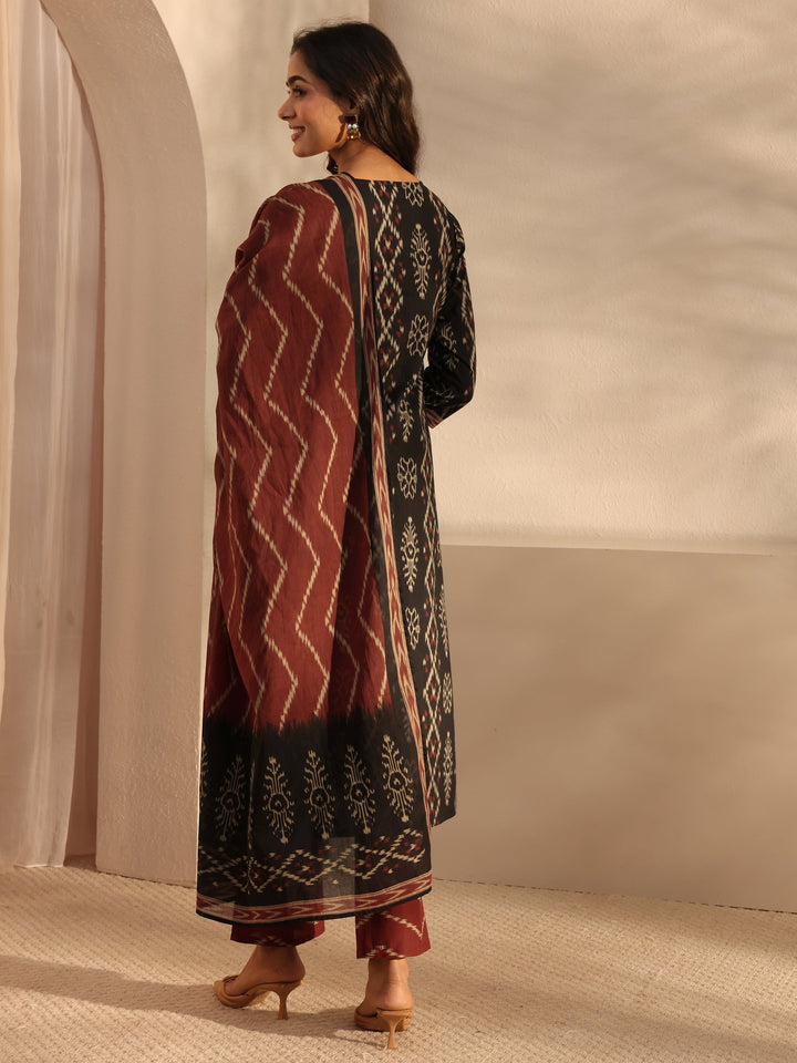 Black Ethnic Printed Cotton Straight Suit Set With Dupatta