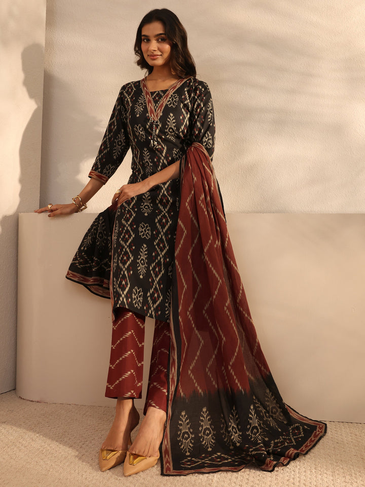 Black Ethnic Printed Cotton Straight Suit Set With Dupatta
