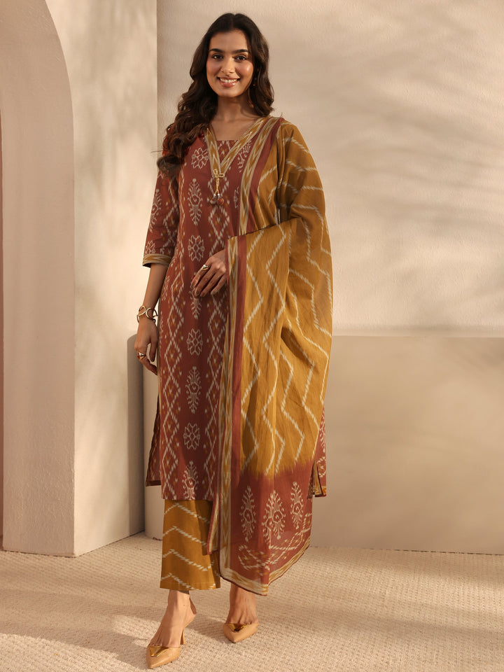 Rust Ethnic Printed Cotton Straight Suit Set With Dupatta
