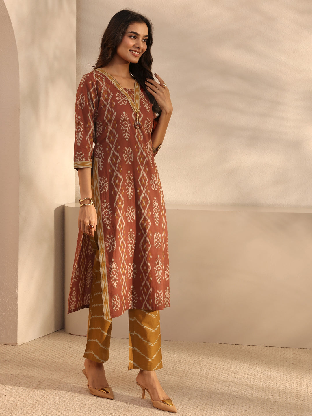 Rust Ethnic Printed Cotton Straight Suit Set With Dupatta