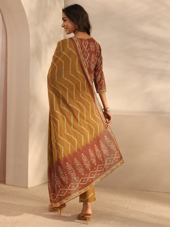 Rust Ethnic Printed Cotton Straight Suit Set With Dupatta
