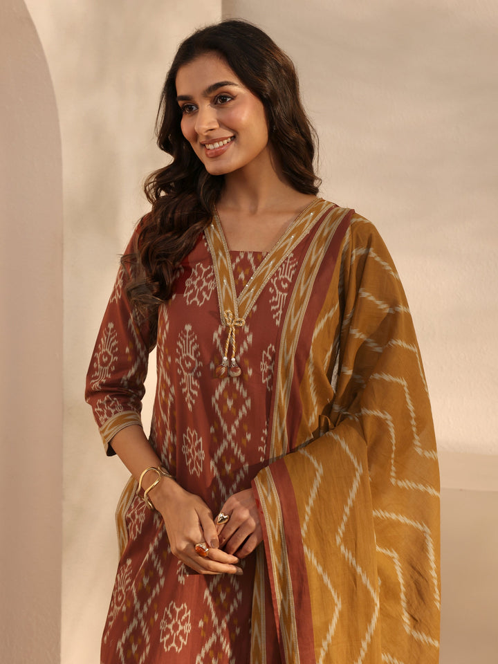 Rust Ethnic Printed Cotton Straight Suit Set With Dupatta