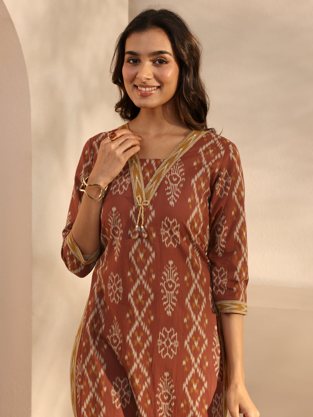 Rust Ethnic Printed Cotton Straight Suit Set With Dupatta