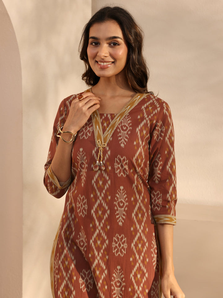Rust Ethnic Printed Cotton Straight Suit Set With Dupatta