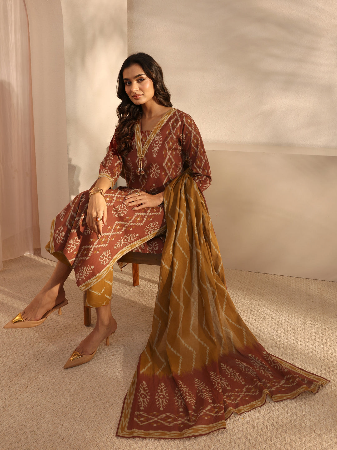 Rust Ethnic Printed Cotton Straight Suit Set With Dupatta