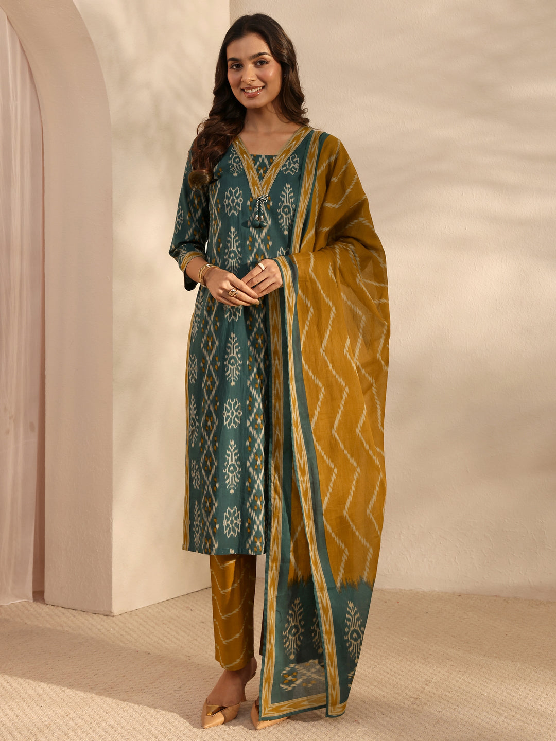 Green Ethnic Printed Cotton Straight Suit Set With Dupatta