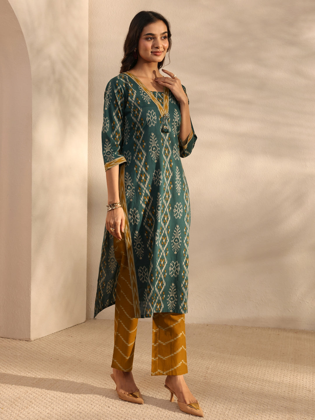 Green Ethnic Printed Cotton Straight Suit Set With Dupatta