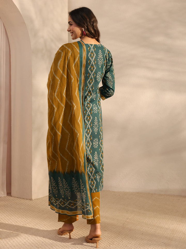 Green Ethnic Printed Cotton Straight Suit Set With Dupatta