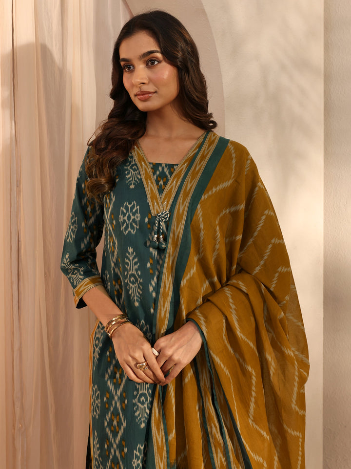 Green Ethnic Printed Cotton Straight Suit Set With Dupatta