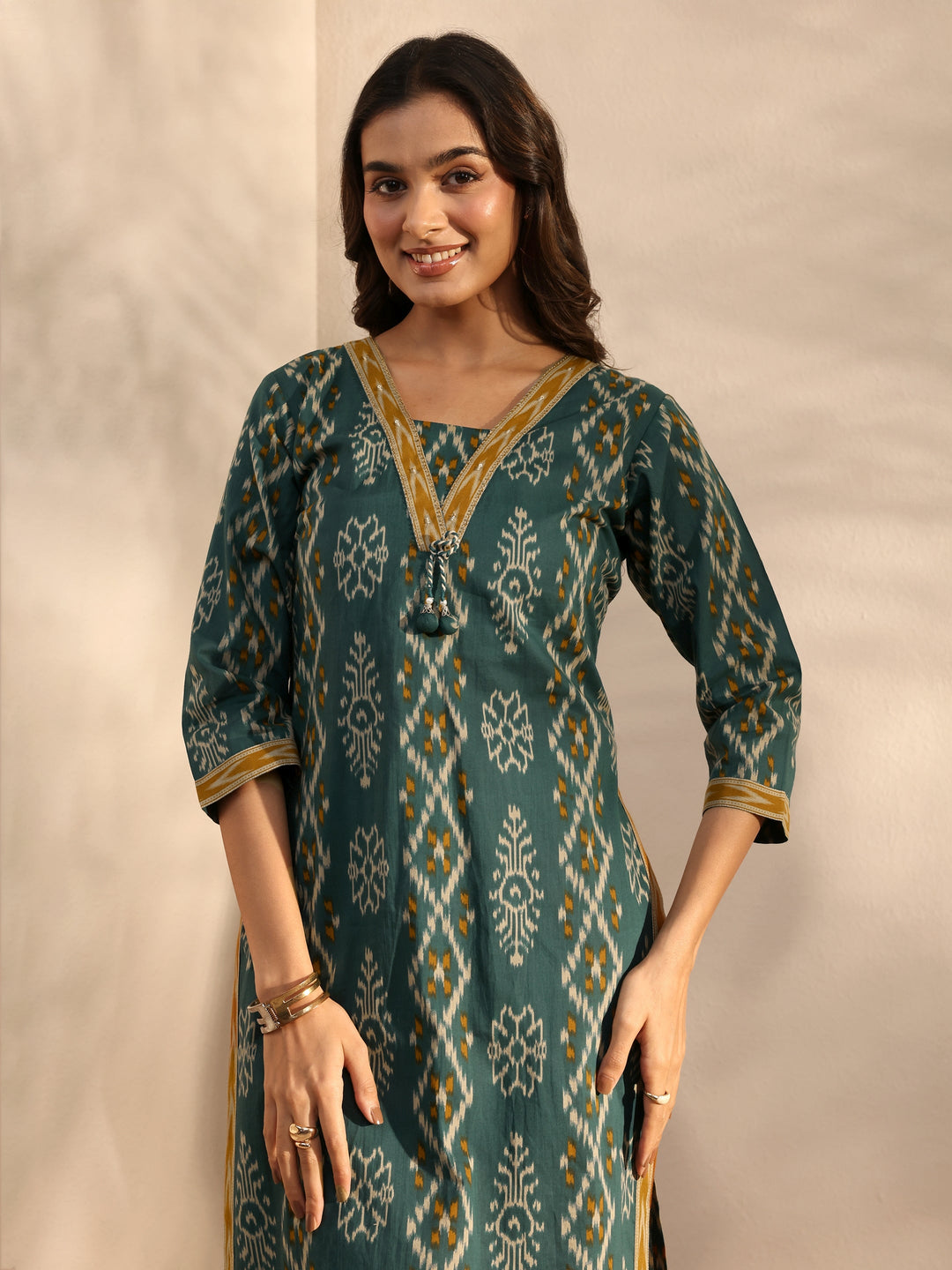 Green Ethnic Printed Cotton Straight Suit Set With Dupatta