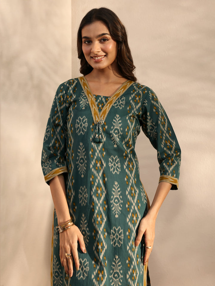 Green Ethnic Printed Cotton Straight Suit Set With Dupatta