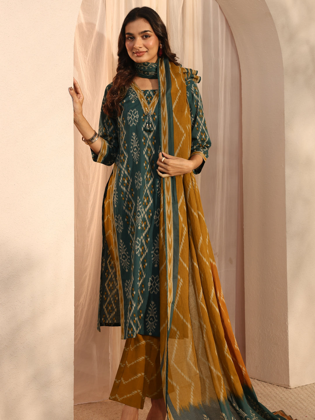 Green Ethnic Printed Cotton Straight Suit Set With Dupatta