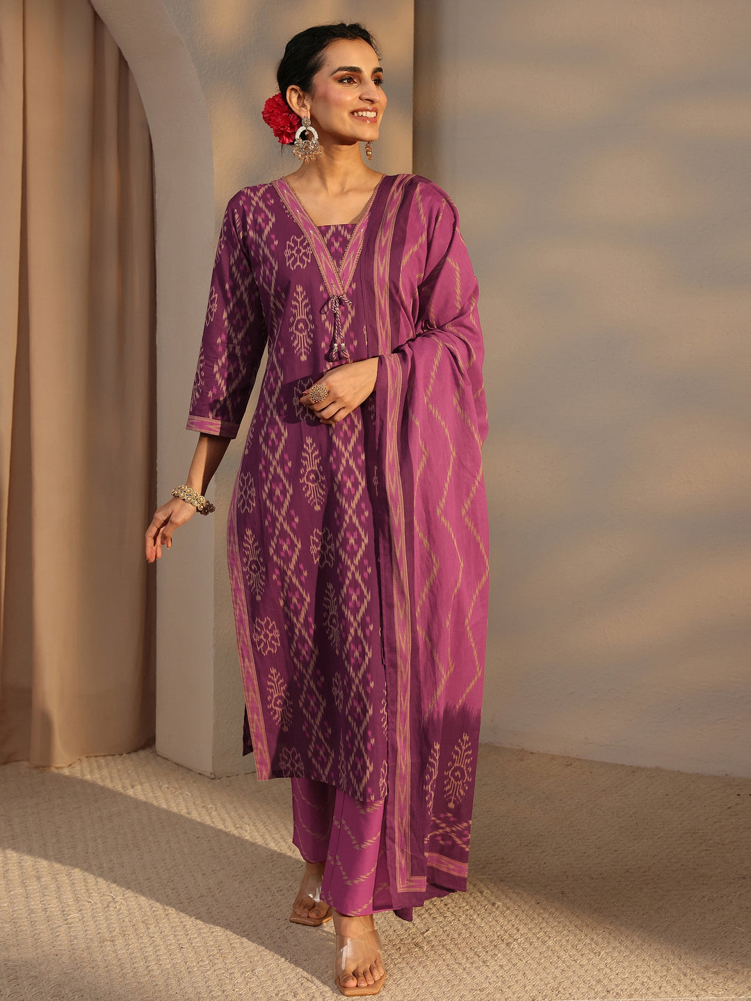 Purple Printed Cotton Straight Suit Set With Dupatta