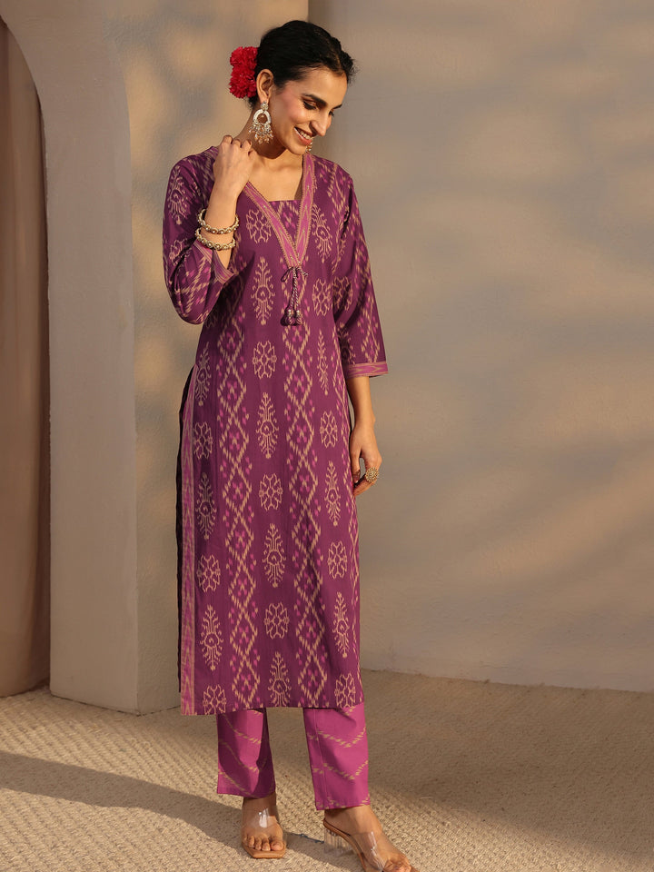 Purple Printed Cotton Straight Suit Set With Dupatta