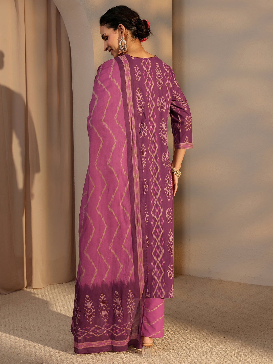 Purple Printed Cotton Straight Suit Set With Dupatta