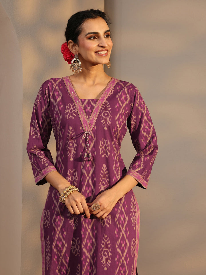 Purple Printed Cotton Straight Suit Set With Dupatta