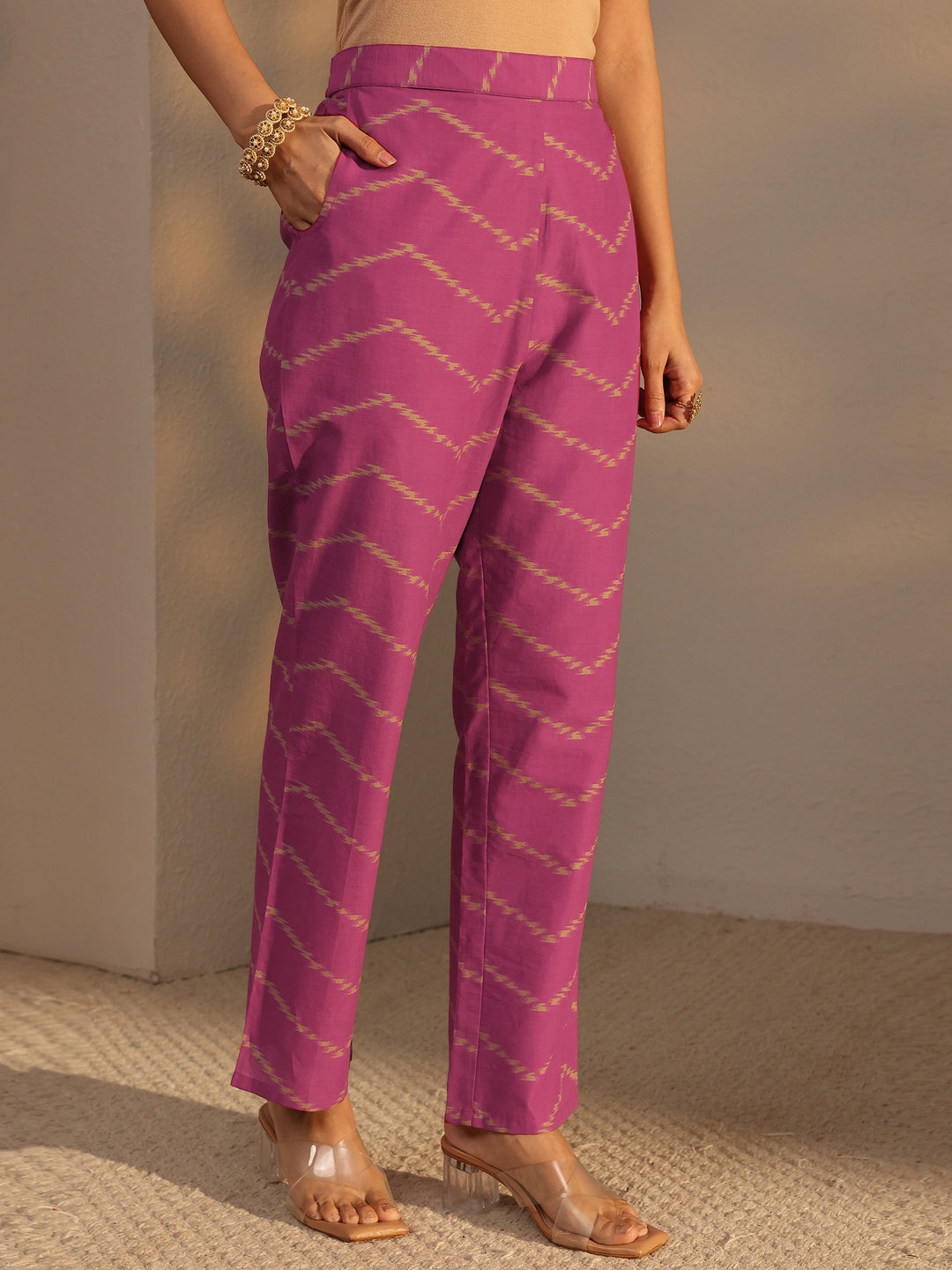 Purple Printed Cotton Straight Suit Set With Dupatta